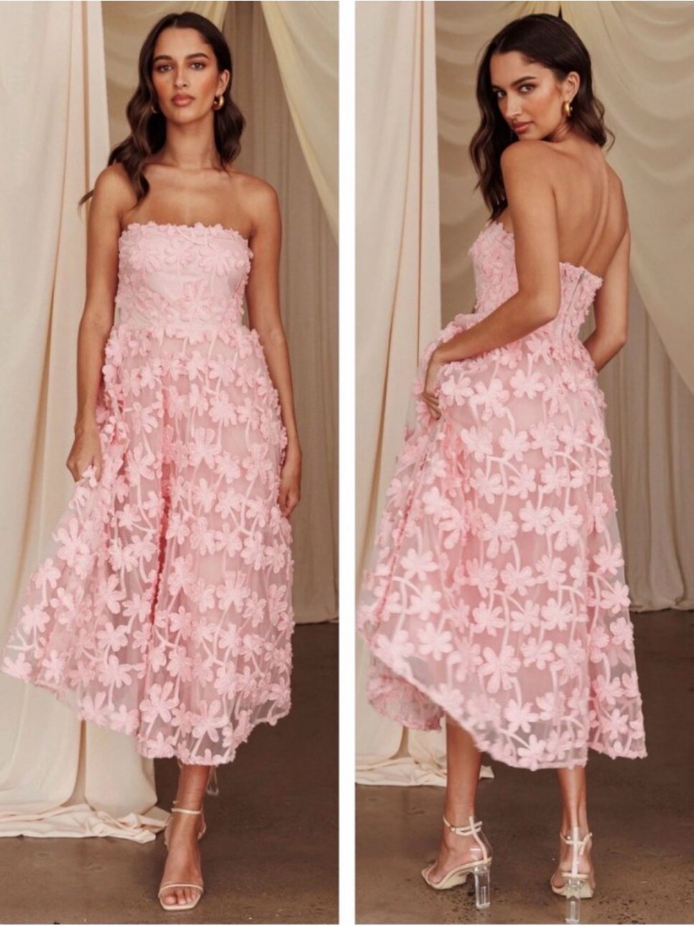 Strapless Pink Floral Appliqué Midi Dress